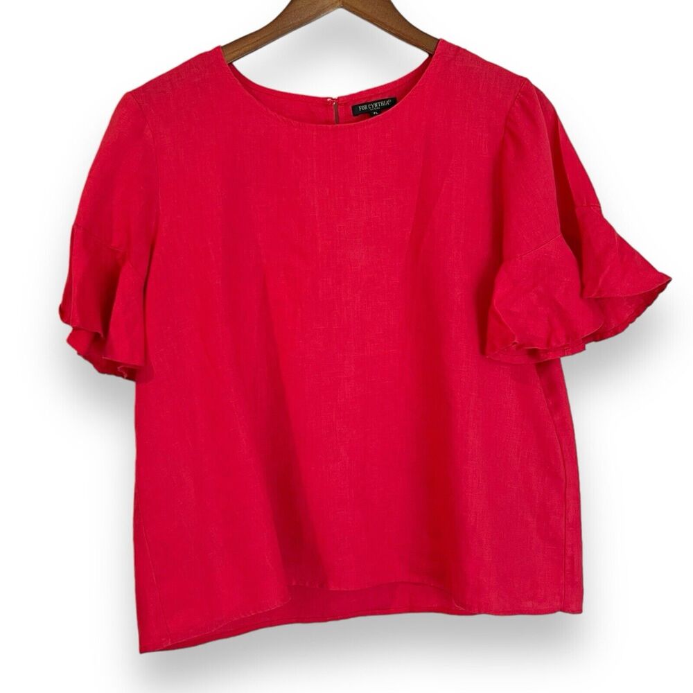 For Cynthia Petite Large PL Dark Pink Linen Top Ruffle Short Sleeve Blouse Boho